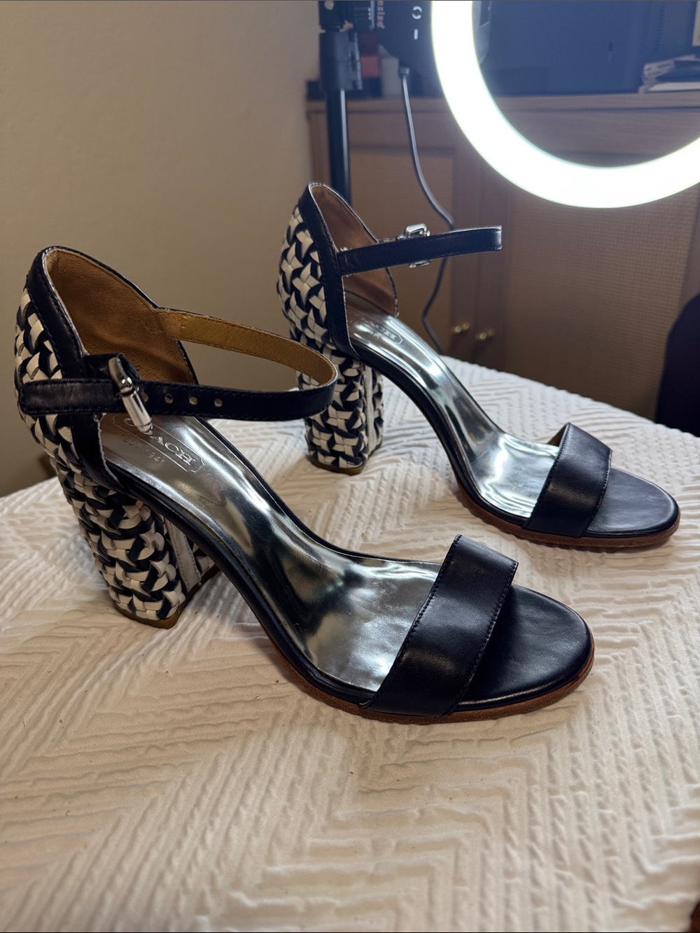 Coach Blue Leather Ankle-Strap Sandals with Black-and-White Woven Block Heel